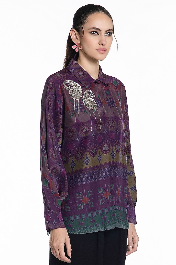 Dark Purple Silk Printed Shirt by SIDDHARTHA BANSAL at Pernia's Pop Up Shop