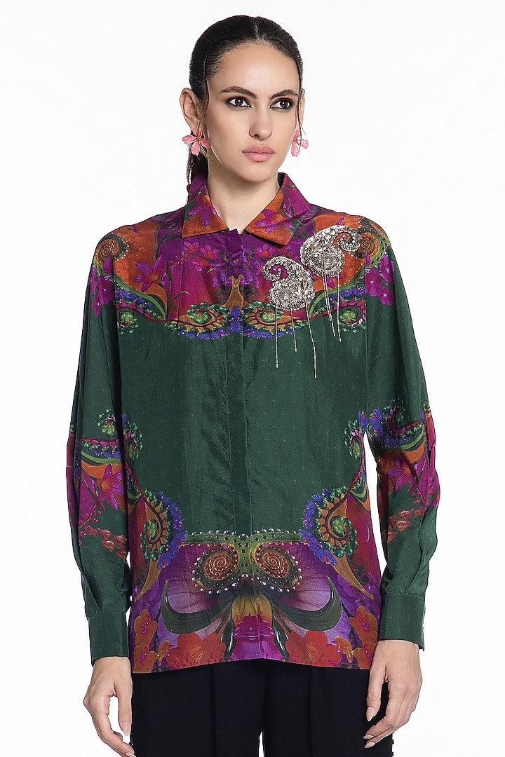 Green & Pink Silk Printed Shirt by SIDDHARTHA BANSAL at Pernia's Pop Up Shop