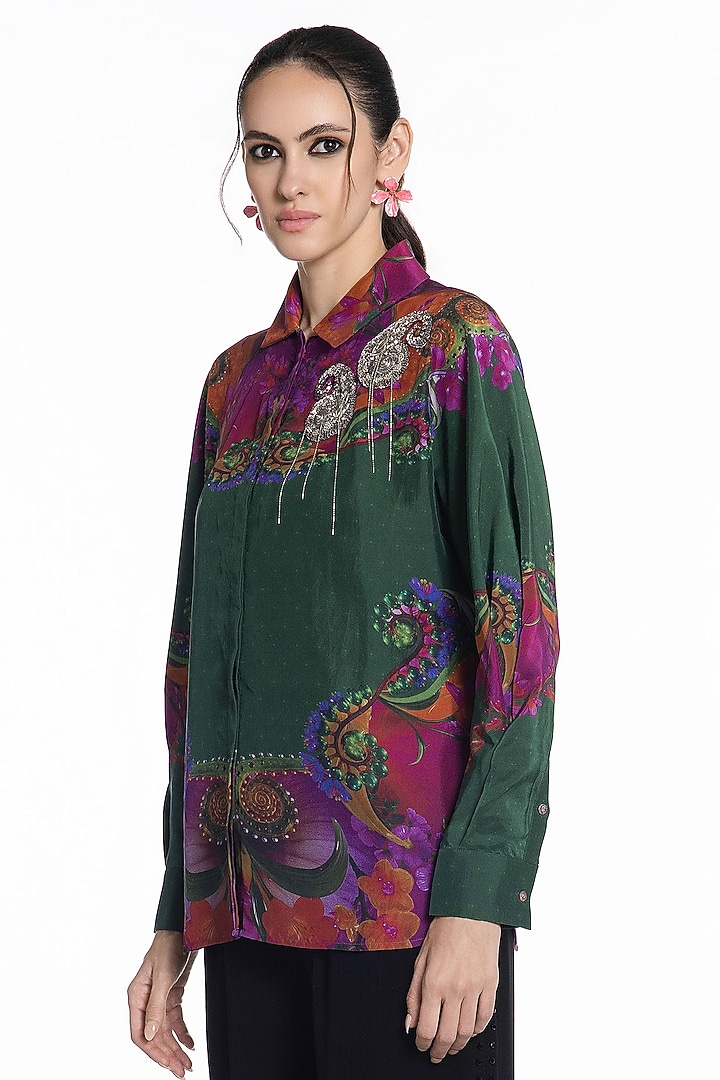 Green & Pink Silk Printed Shirt by SIDDHARTHA BANSAL at Pernia's Pop Up Shop