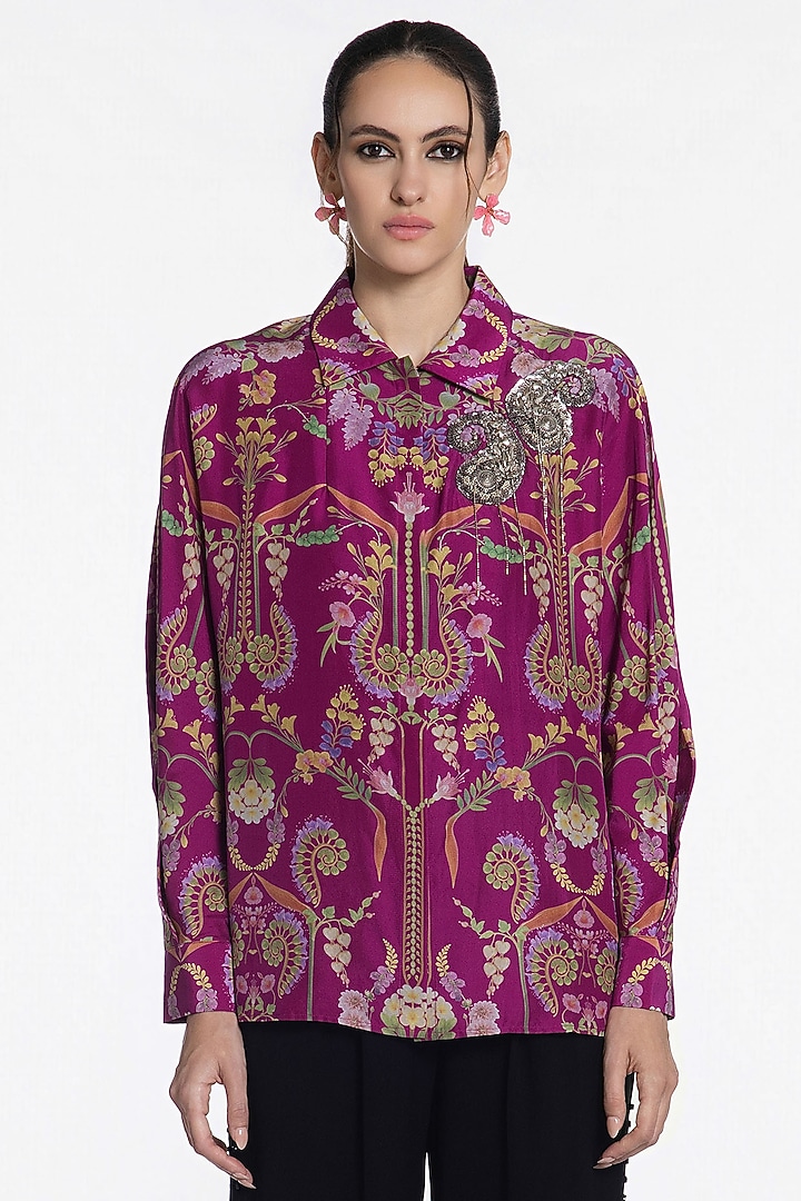 Hot Pink Silk Printed Shirt by SIDDHARTHA BANSAL at Pernia's Pop Up Shop
