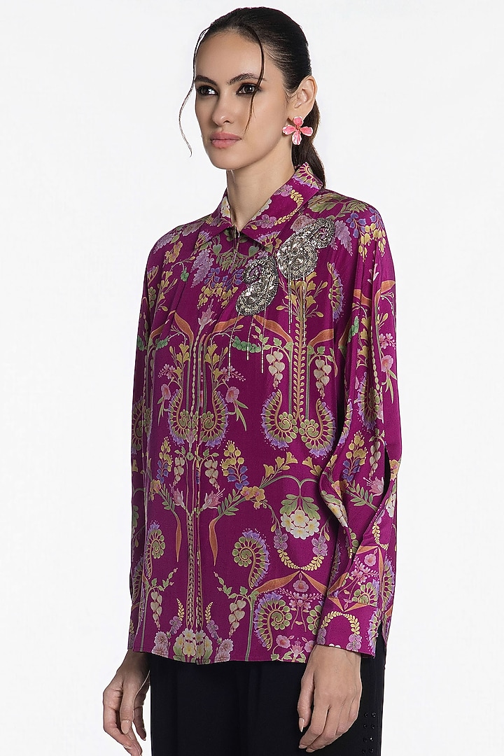 Hot Pink Silk Printed Shirt by SIDDHARTHA BANSAL at Pernia's Pop Up Shop