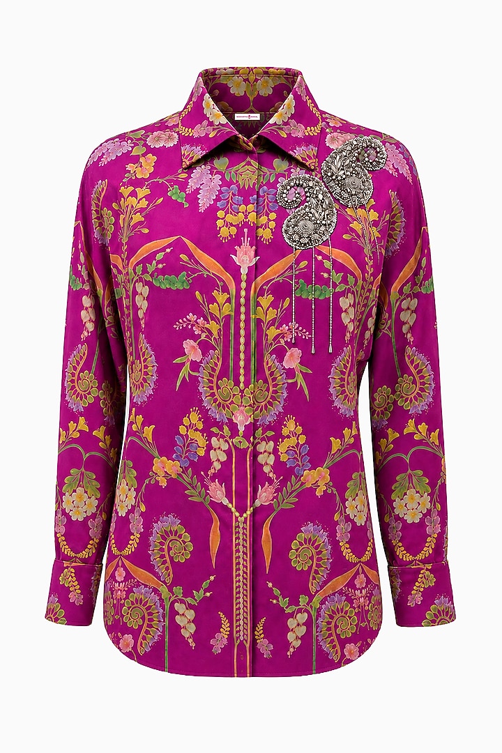 Hot Pink Silk Printed Shirt by SIDDHARTHA BANSAL at Pernia's Pop Up Shop