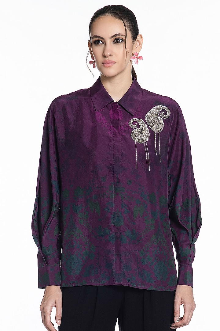 Dark Purple Silk Printed Shirt by SIDDHARTHA BANSAL at Pernia's Pop Up Shop