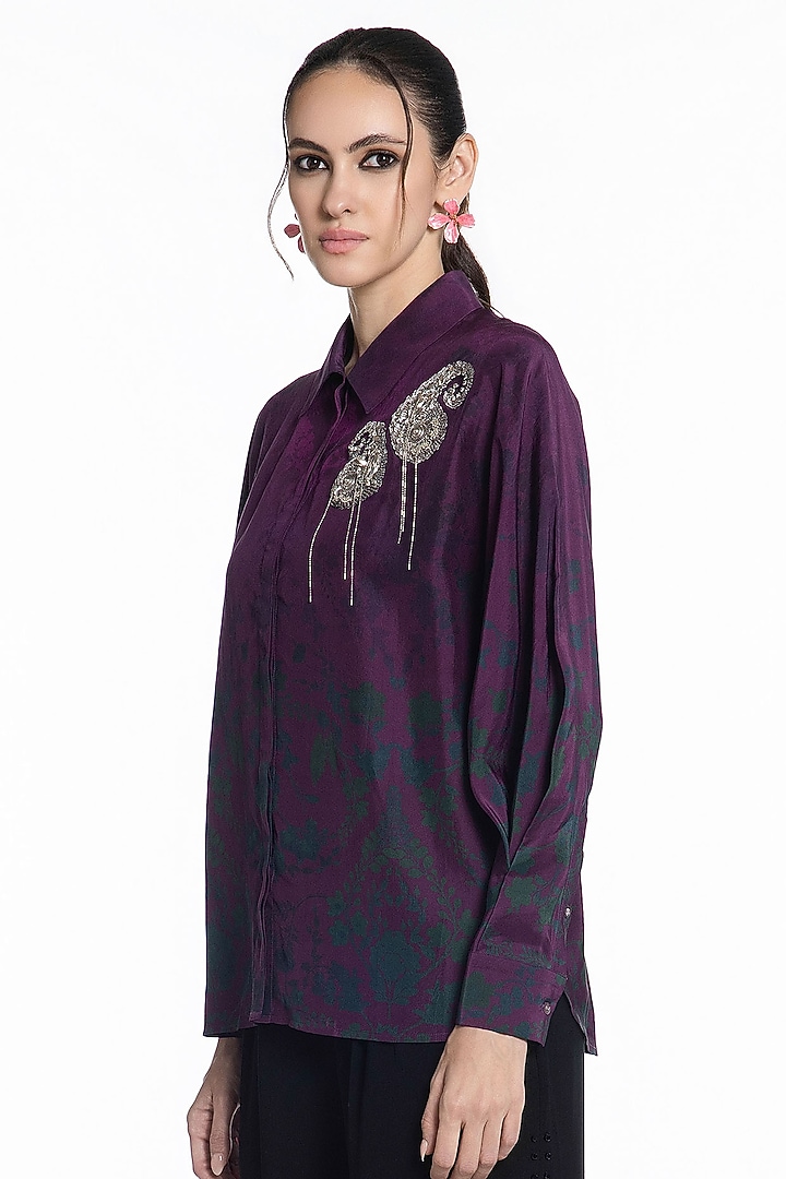 Dark Purple Silk Printed Shirt by SIDDHARTHA BANSAL at Pernia's Pop Up Shop