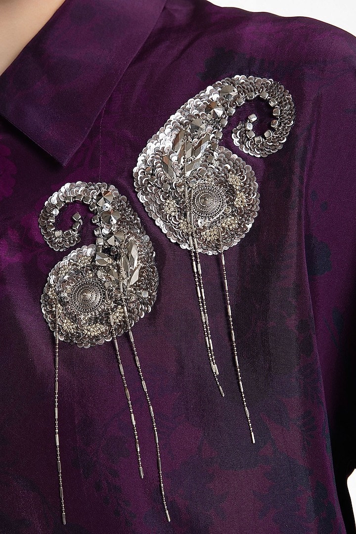 Dark Purple Silk Printed Shirt by SIDDHARTHA BANSAL at Pernia's Pop Up Shop