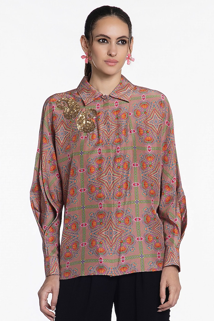 Light Peach Silk Printed Shirt by SIDDHARTHA BANSAL at Pernia's Pop Up Shop