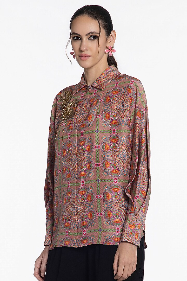 Light Peach Silk Printed Shirt by SIDDHARTHA BANSAL at Pernia's Pop Up Shop