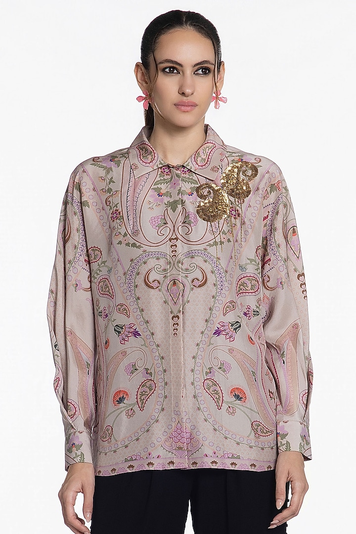 Champagne Peach Silk Printed Shirt by SIDDHARTHA BANSAL at Pernia's Pop Up Shop