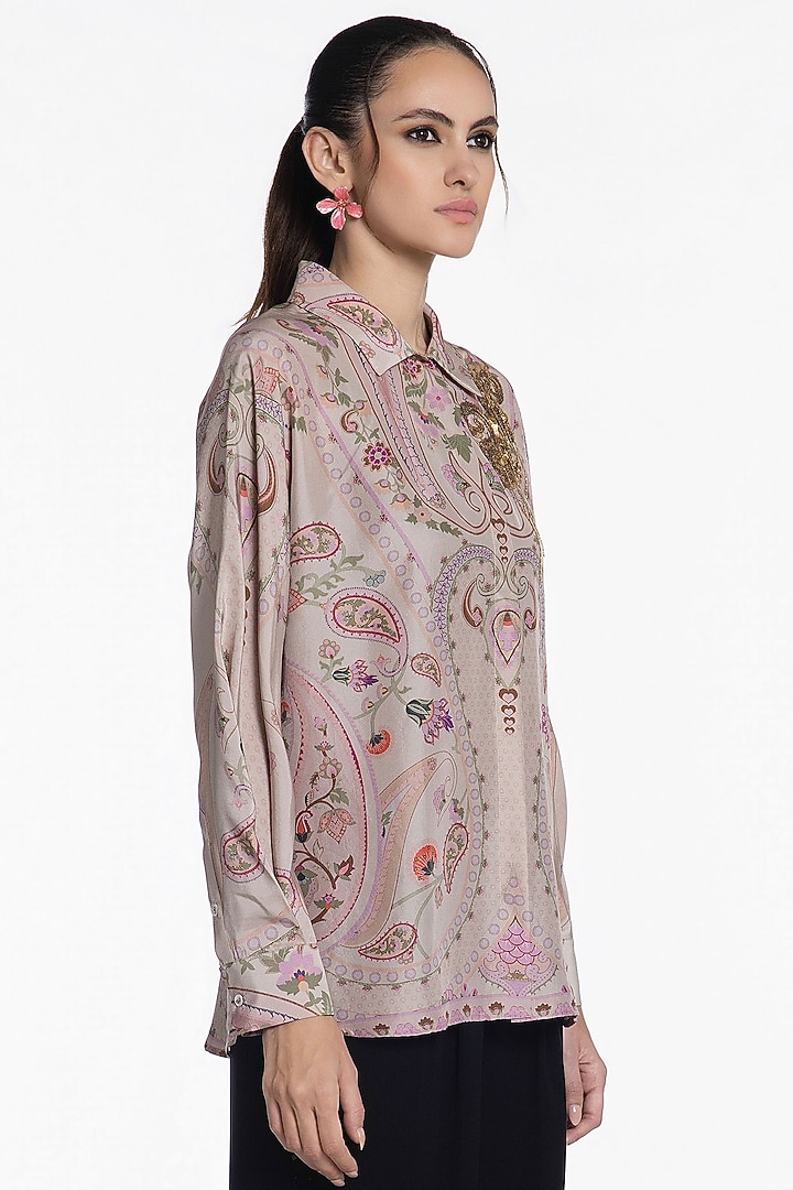 Champagne Peach Silk Printed Shirt by SIDDHARTHA BANSAL at Pernia's Pop Up Shop