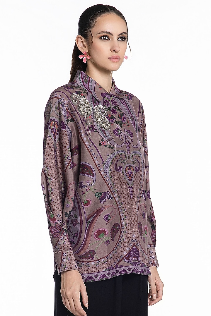 Pastel Purple Silk Printed Shirt by SIDDHARTHA BANSAL at Pernia's Pop Up Shop