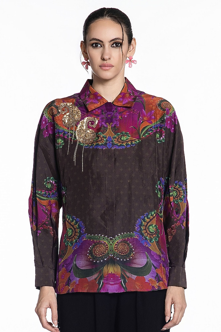 Charcoal Brown Silk Printed Shirt by SIDDHARTHA BANSAL at Pernia's Pop Up Shop