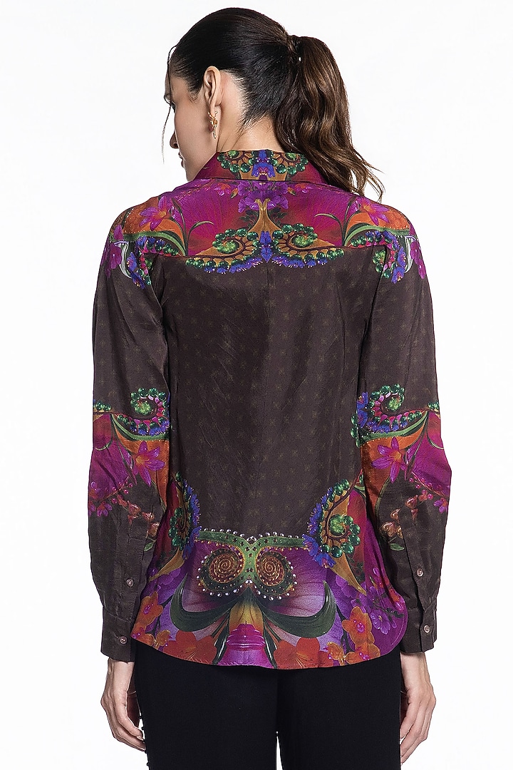 Charcoal Brown Silk Printed Shirt by SIDDHARTHA BANSAL at Pernia's Pop Up Shop