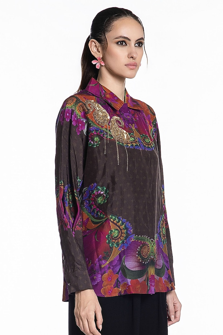 Charcoal Brown Silk Printed Shirt by SIDDHARTHA BANSAL at Pernia's Pop Up Shop