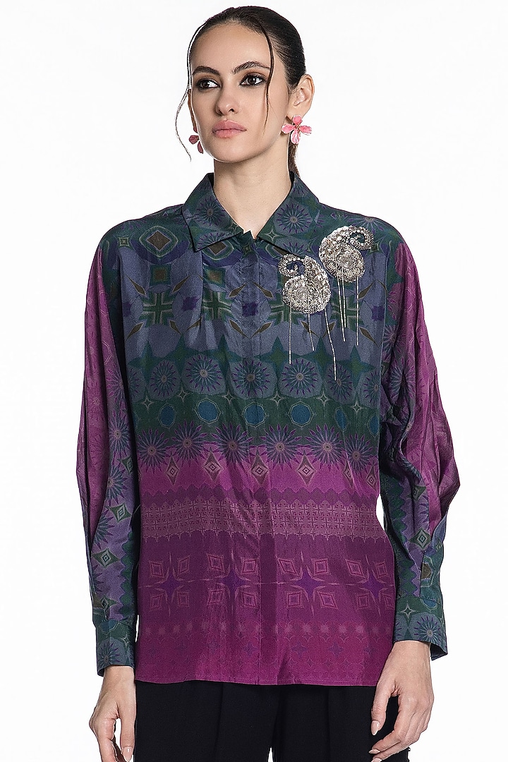 Grey & Pink Silk Printed Shirt by SIDDHARTHA BANSAL at Pernia's Pop Up Shop