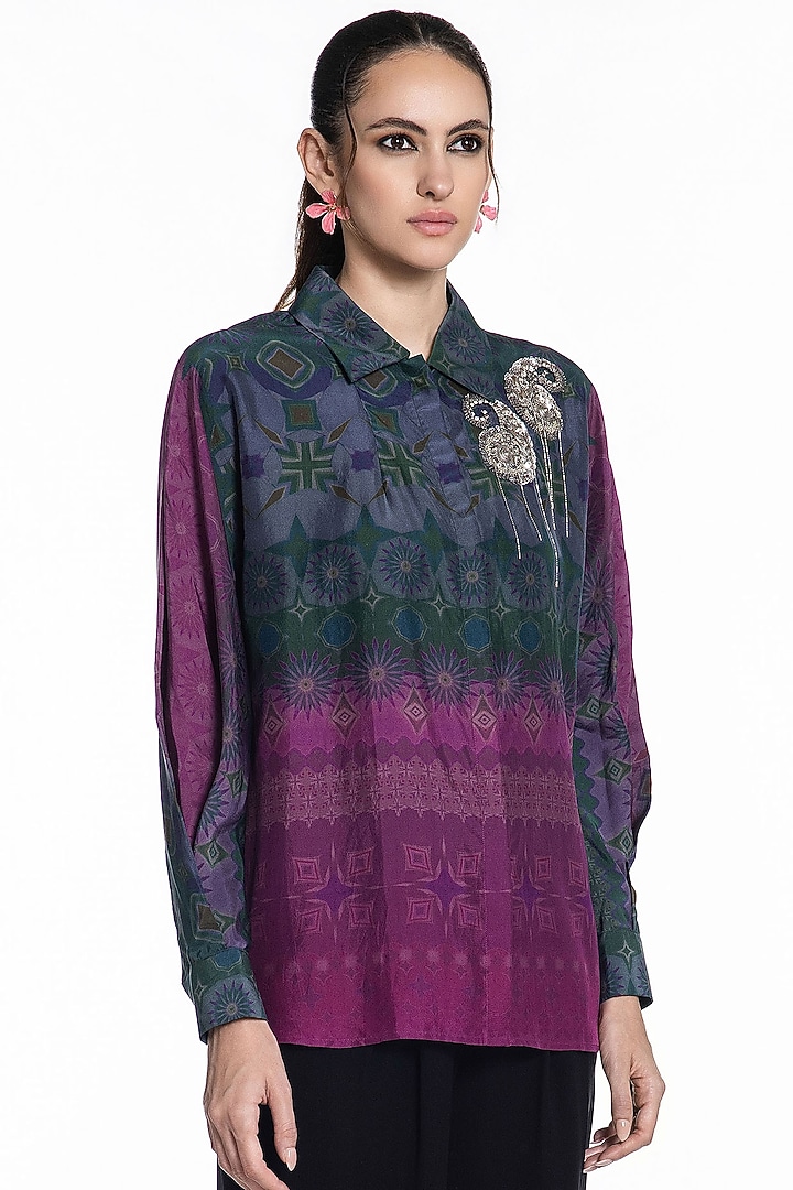 Grey & Pink Silk Printed Shirt by SIDDHARTHA BANSAL at Pernia's Pop Up Shop