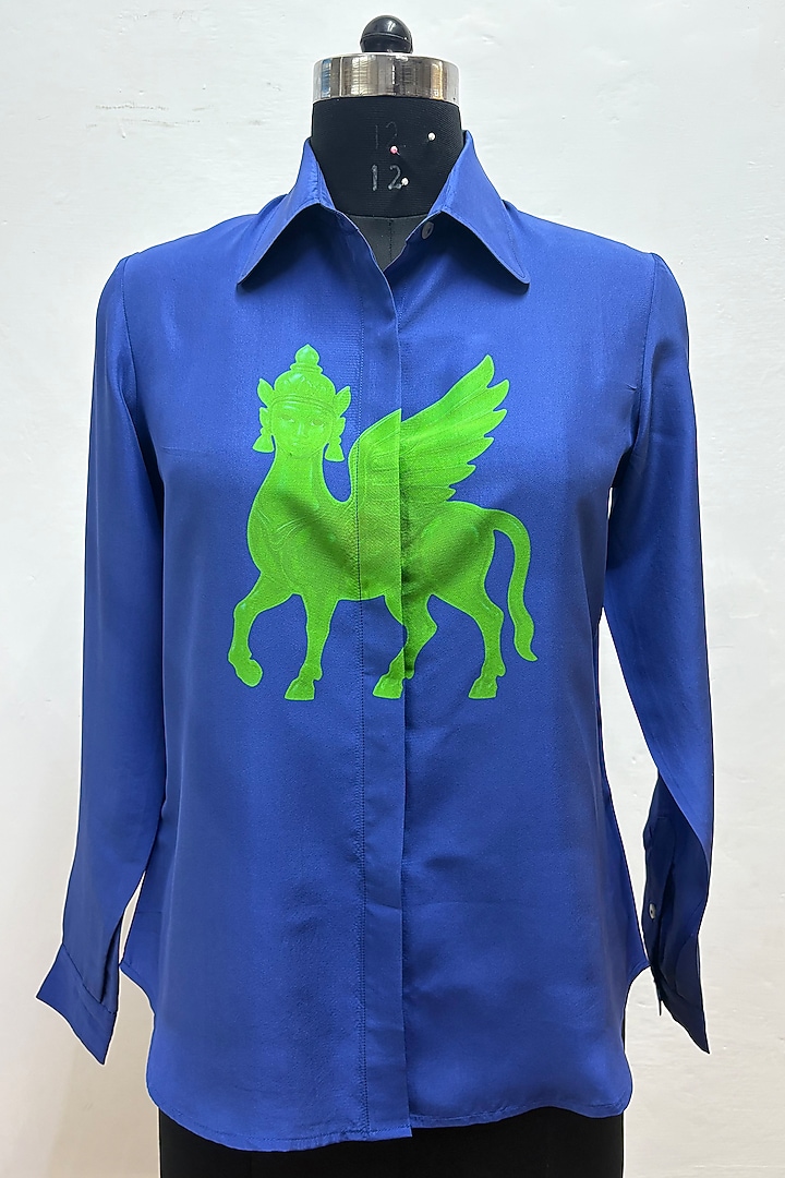 Deep Blue Silk Printed Shirt by SIDDHARTHA BANSAL at Pernia's Pop Up Shop