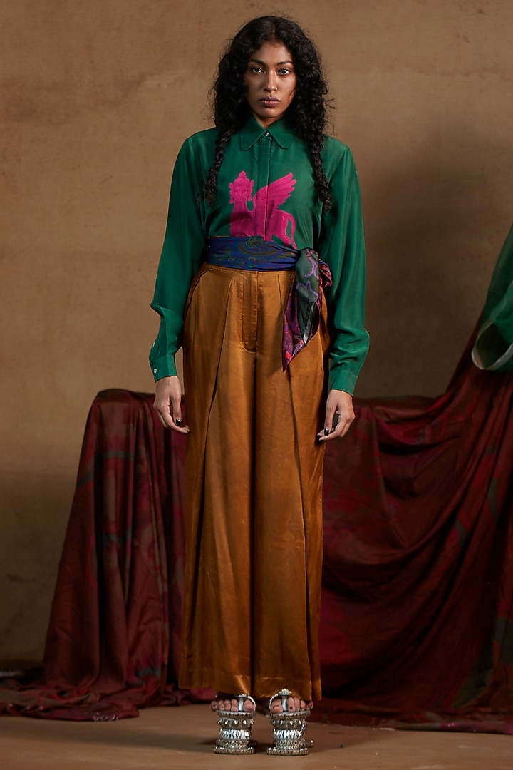 Bottle Green Silk Printed Shirt by SIDDHARTHA BANSAL at Pernia's Pop Up Shop
