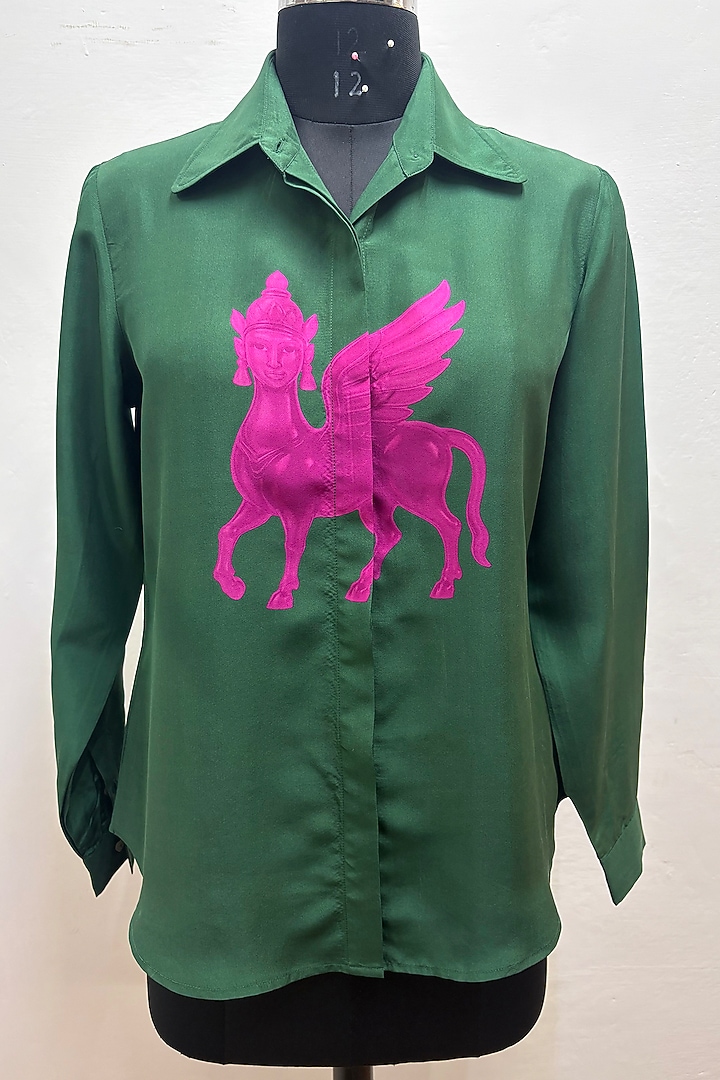 Bottle Green Silk Printed Shirt by SIDDHARTHA BANSAL at Pernia's Pop Up Shop