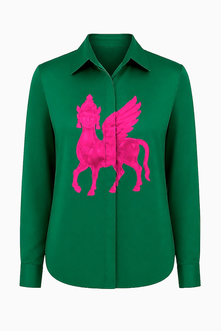 Bottle Green Silk Printed Shirt by SIDDHARTHA BANSAL at Pernia's Pop Up Shop