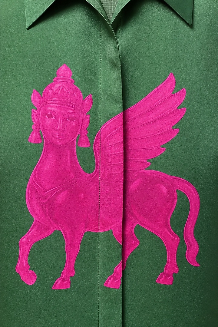 Bottle Green Silk Printed Shirt by SIDDHARTHA BANSAL at Pernia's Pop Up Shop