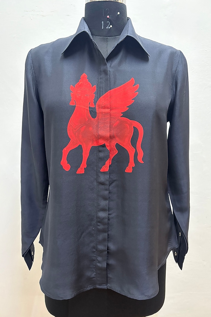 Black Silk Printed Shirt by SIDDHARTHA BANSAL at Pernia's Pop Up Shop