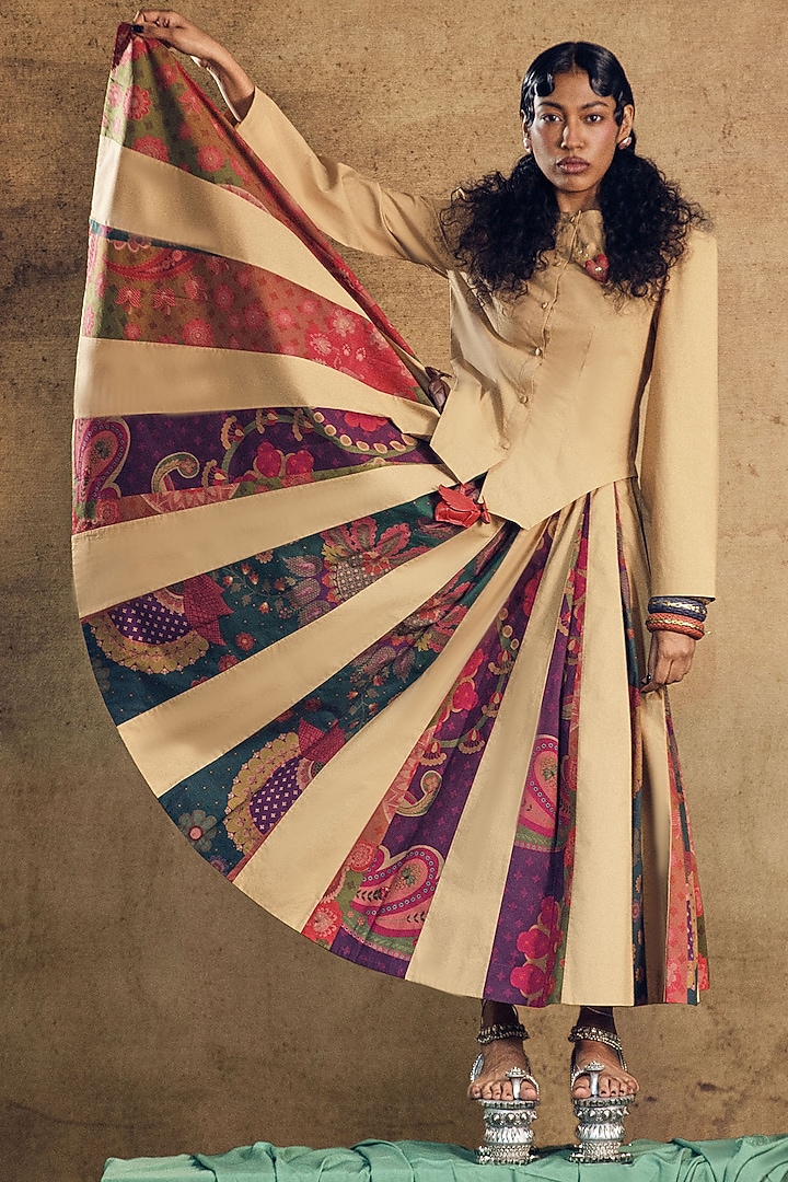 Beige & Brown Poplin Pleated Skirt by SIDDHARTHA BANSAL at Pernia's Pop Up Shop