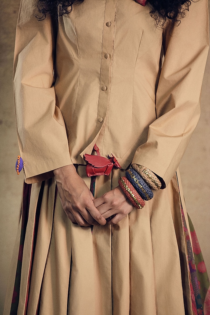Beige & Brown Poplin Pleated Skirt by SIDDHARTHA BANSAL at Pernia's Pop Up Shop
