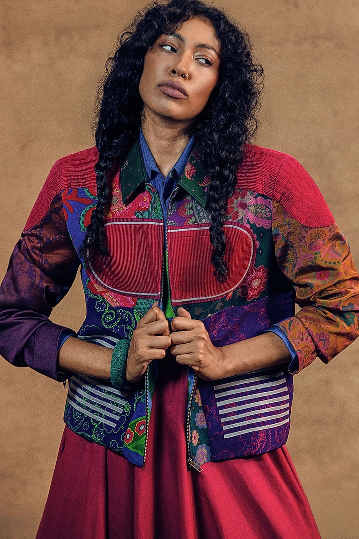 Dark Red Crepe Printed Jacket by SIDDHARTHA BANSAL at Pernia's Pop Up Shop