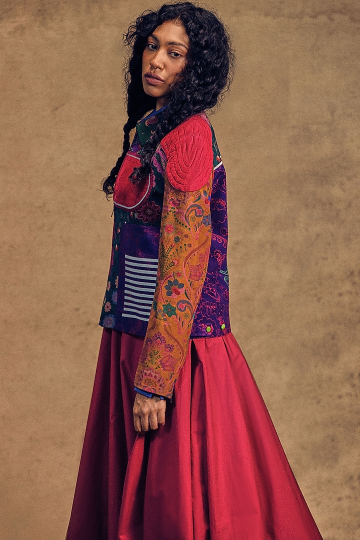Dark Red Crepe Printed Jacket by SIDDHARTHA BANSAL at Pernia's Pop Up Shop