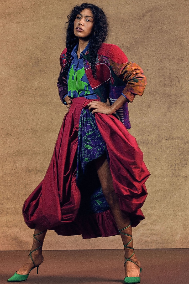 Dark Red Crepe Printed Voluminous Skirt by SIDDHARTHA BANSAL at Pernia's Pop Up Shop