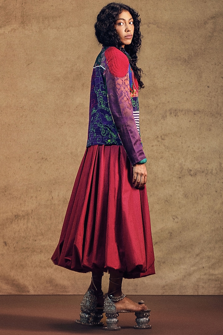 Dark Red Crepe Printed Voluminous Skirt by SIDDHARTHA BANSAL at Pernia's Pop Up Shop