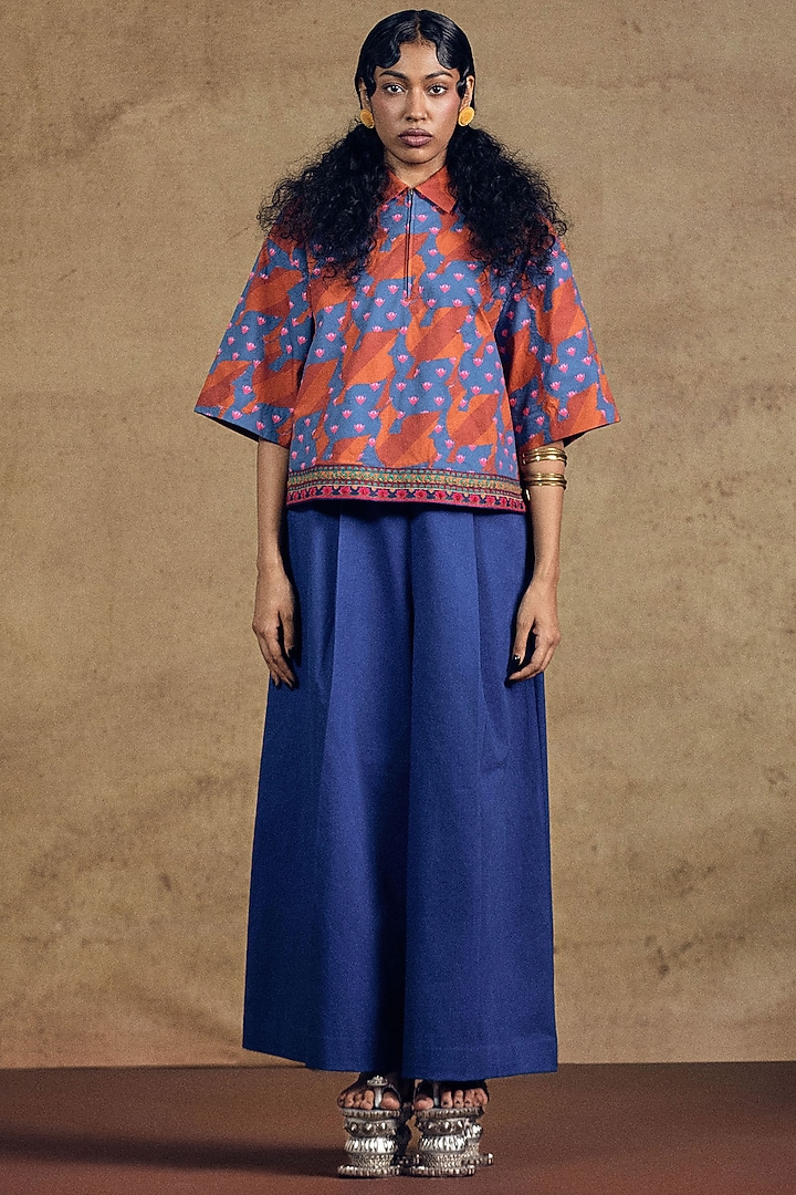Blue & Orange Poplin Printed Top by SIDDHARTHA BANSAL at Pernia's Pop Up Shop