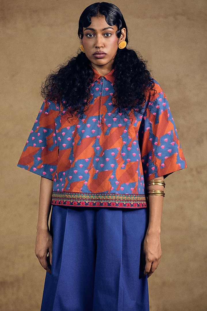 Blue & Orange Poplin Printed Top by SIDDHARTHA BANSAL at Pernia's Pop Up Shop