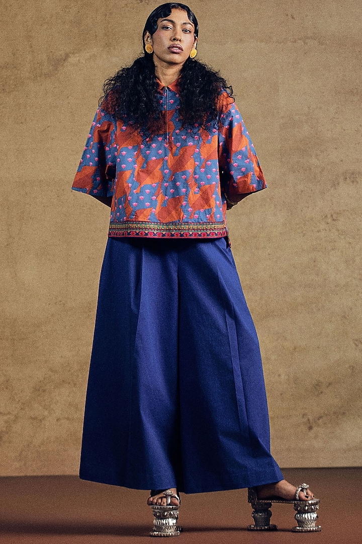 Blue Twill Flared Pants by SIDDHARTHA BANSAL at Pernia's Pop Up Shop
