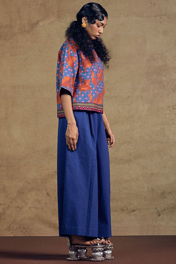 Blue Twill Flared Pants by SIDDHARTHA BANSAL at Pernia's Pop Up Shop