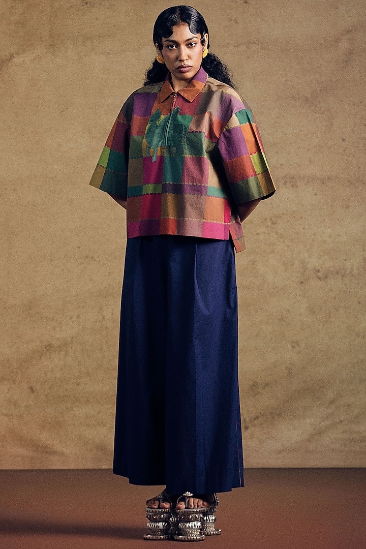 Deep Blue Poplin Fluid Wide-Leg Pants by SIDDHARTHA BANSAL at Pernia's Pop Up Shop