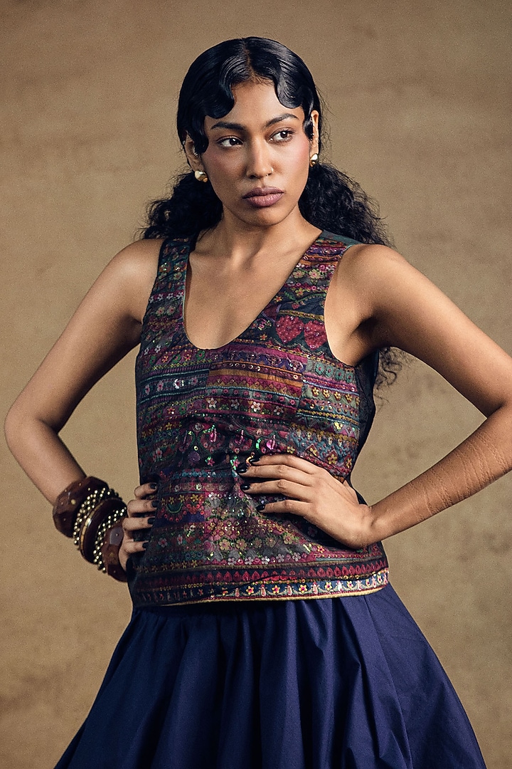 Black Organza Cambric Embroidered Top by SIDDHARTHA BANSAL at Pernia's Pop Up Shop