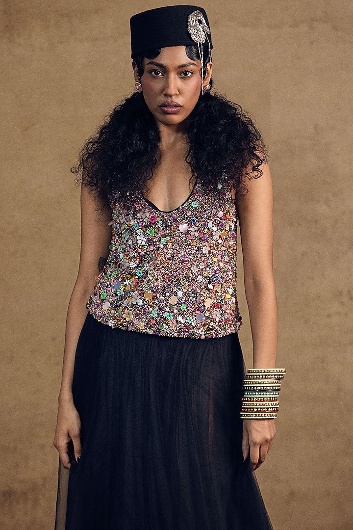Black Net Embroidered Top by SIDDHARTHA BANSAL at Pernia's Pop Up Shop