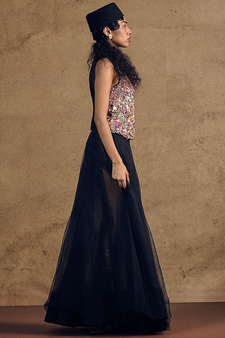 Black Net Sheer Layered Skirt by SIDDHARTHA BANSAL at Pernia's Pop Up Shop