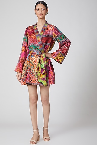 Multi-Colored Linen Satin Digital Printed Wrap Dress by Siddhartha Bansal