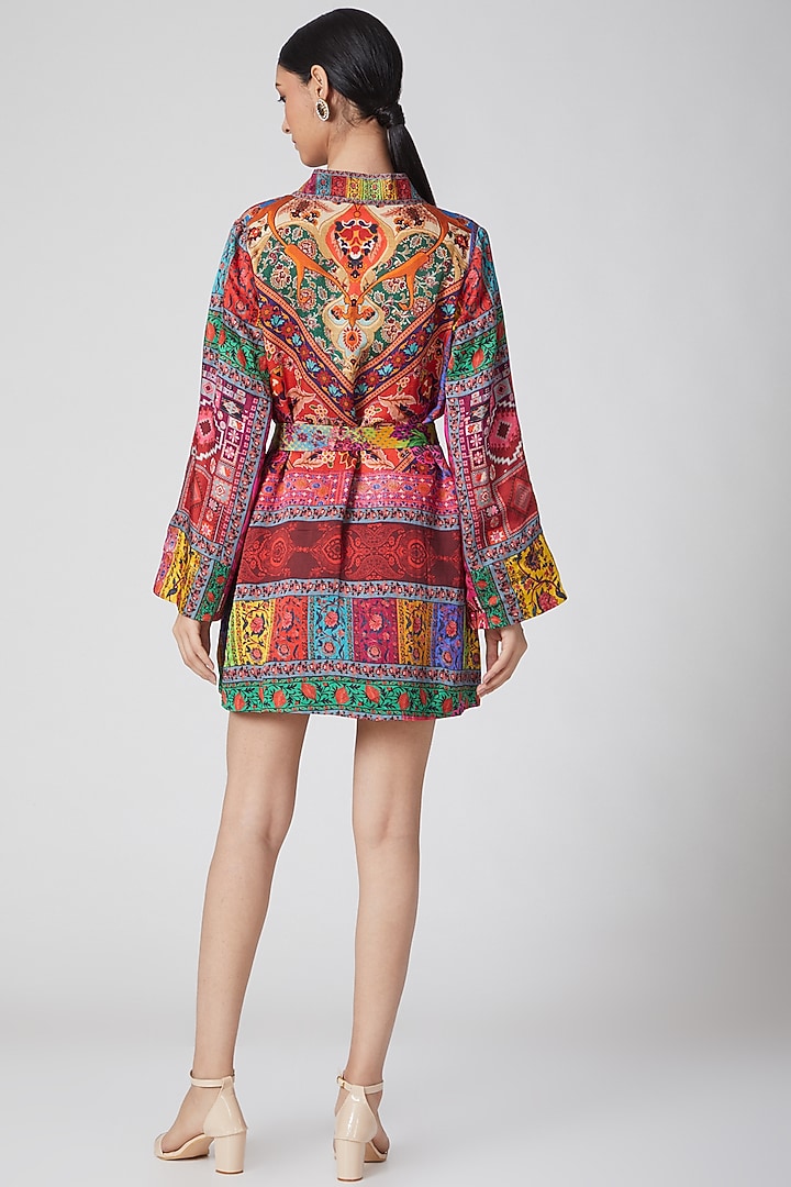 Multi-Colored Linen Satin Digital Printed Wrap Summer Dress by Siddhartha Bansal at Pernia's Pop Up Shop