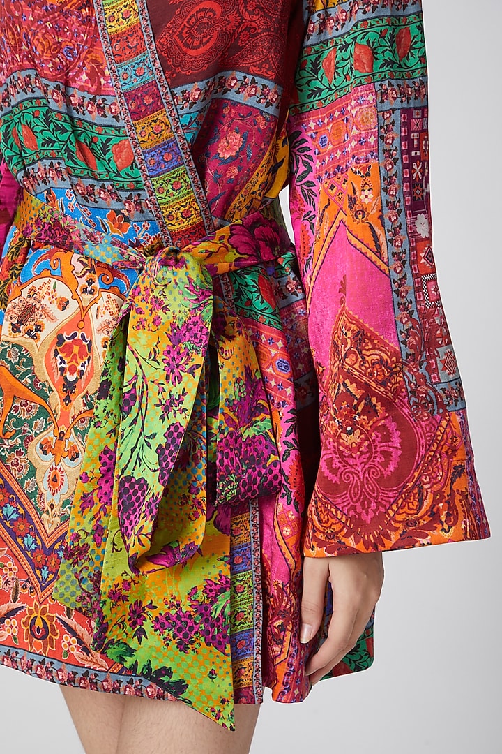 Multi-Colored Linen Satin Digital Printed Wrap Summer Dress by Siddhartha Bansal at Pernia's Pop Up Shop