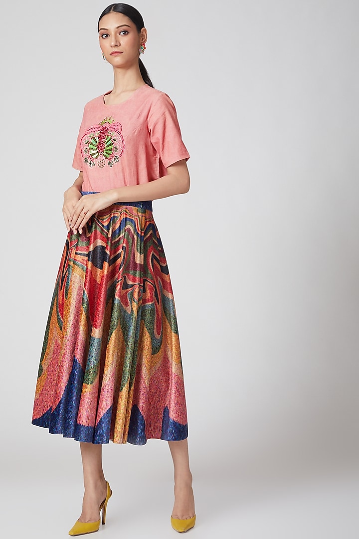 Multi Colored Printed Suede Skirt by Siddhartha Bansal