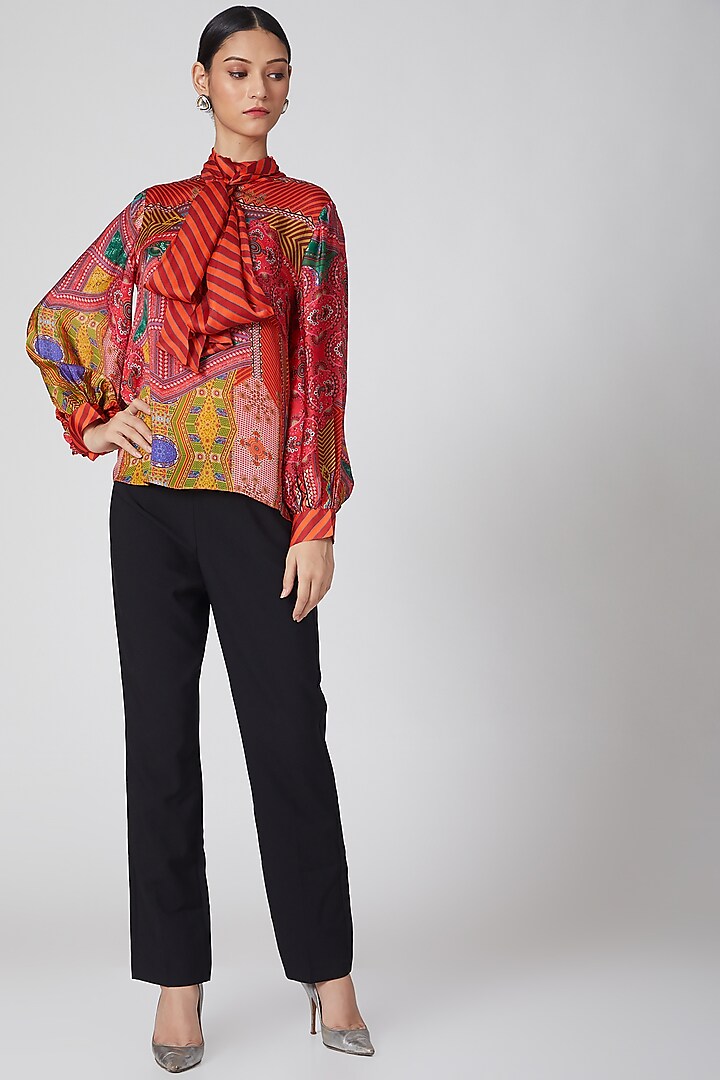 Multi Colored Printed Wrap Top With Bow by Siddhartha Bansal