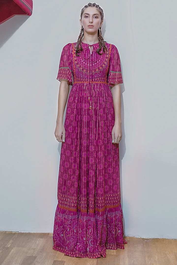 Magenta Pink Lurex Crepe Vacation Dress by SIDDHARTHA BANSAL at Pernia's Pop Up Shop