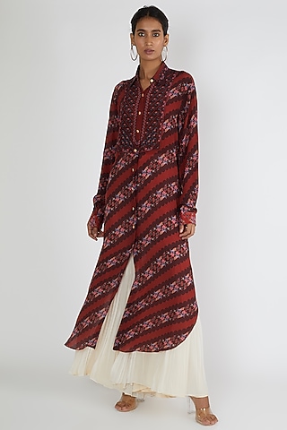 Maroon Stripe Shirt Dress by Siddhartha Bansal