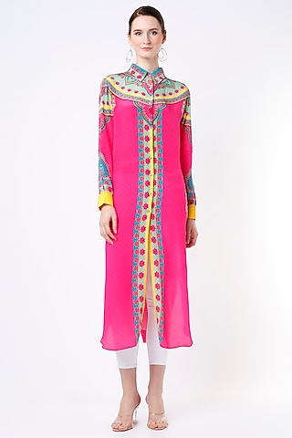 Fuchsia & Blue Printed Kurta by SIDDHARTHA BANSAL