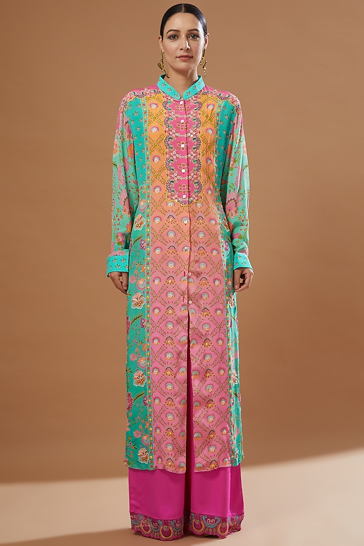 Sea Green & Pink Printed Tunic Set by SIDDHARTHA BANSAL at Pernia's Pop Up Shop