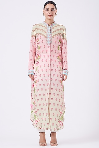 Powder Pink & Mint Ombre Printed Shirt Tunic by SIDDHARTHA BANSAL