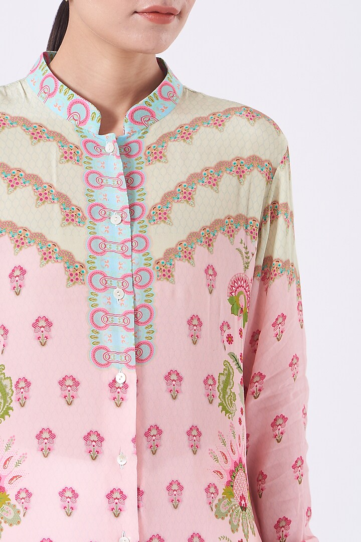 Powder Pink & Mint Ombre Printed Shirt Tunic by SIDDHARTHA BANSAL at Pernia's Pop Up Shop